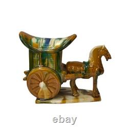 Oriental Tri-Color Green White Yellow Ceramic Horse Cart Art Figure GB656