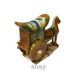 Oriental Tri-Color Green White Yellow Ceramic Horse Cart Art Figure GB656