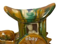 Oriental Tri-Color Green White Yellow Ceramic Horse Cart Art Figure GB656