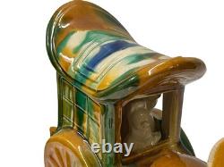 Oriental Tri-Color Green White Yellow Ceramic Horse Cart Art Figure GB656