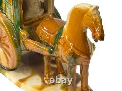 Oriental Tri-Color Green White Yellow Ceramic Horse Cart Art Figure GB656