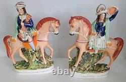 Pair Antique 19th century Staffordshire figurines Highland Musician Horses 12