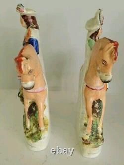 Pair Antique 19th century Staffordshire figurines Highland Musician Horses 12