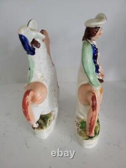 Pair Antique 19th century Staffordshire figurines Highland Musician Horses 12