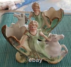 Pair Antique German Bisque Planters / Vases Hand Painted Ladies On Horses