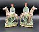 Pair Mantle English Staffordshire Equestrian Polo Jockey And Horse Figurines