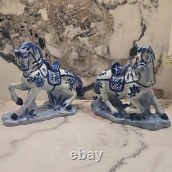 Pair Of 1960s Vintage Blue & White Porcelain Horse Figurines Statue Set