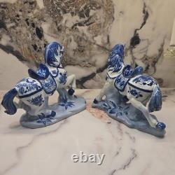 Pair Of 1960s Vintage Blue & White Porcelain Horse Figurines Statue Set