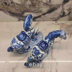 Pair Of 1960s Vintage Blue & White Porcelain Horse Figurines Statue Set