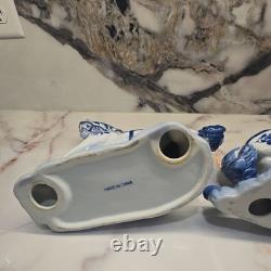 Pair Of 1960s Vintage Blue & White Porcelain Horse Figurines Statue Set