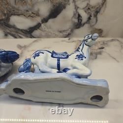Pair Of 1960s Vintage Blue & White Porcelain Horse Figurines Statue Set