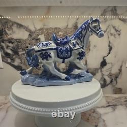 Pair Of 1960s Vintage Blue & White Porcelain Horse Figurines Statue Set