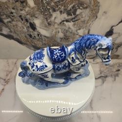Pair Of 1960s Vintage Blue & White Porcelain Horse Figurines Statue Set