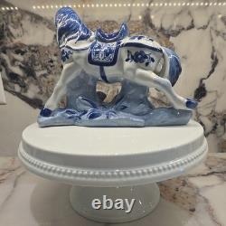 Pair Of 1960s Vintage Blue & White Porcelain Horse Figurines Statue Set