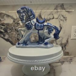 Pair Of 1960s Vintage Blue & White Porcelain Horse Figurines Statue Set