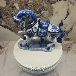 Pair Of 1960s Vintage Blue & White Porcelain Horse Figurines Statue Set
