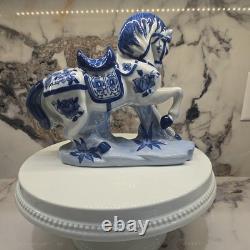 Pair Of 1960s Vintage Blue & White Porcelain Horse Figurines Statue Set