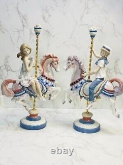 Pair of Lladro Porcelain Figurines Boy & Girl Carousel Horse by Jose Puche