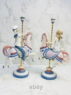 Pair of Lladro Porcelain Figurines Boy & Girl Carousel Horse by Jose Puche