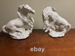 Pair of Mid Century Ceramic Wild Running Rearing Charging Horse Statue, 8x8