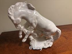 Pair of Mid Century Ceramic Wild Running Rearing Charging Horse Statue, 8x8