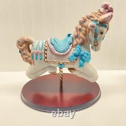 Porcelain Carousel Charger Horse Figurine with Pink Plume Tall Wood Base 13 1/2
