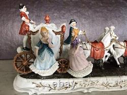 Porcelain Four Horses & Carriage Figurine Vintage 16 X 7 X 9 Four Figures