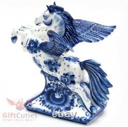 Porcelain Gzhel handmade Figurine of winged horse pegasus rearing up