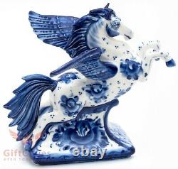 Porcelain Gzhel handmade Figurine of winged horse pegasus rearing up