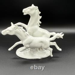 Porcelain Horse Figurine White Two Running Horses GDR Crown Mark
