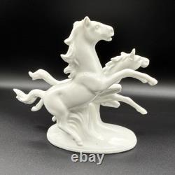 Porcelain Horse Figurine White Two Running Horses GDR Crown Mark