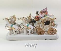 RARE CAPODIMONTE ITALY HORSE DRAWN CARRIAGE DECORATED & DETAILED W GOLD Huge