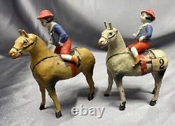 RARE Set 6 German Bisque Antique Porcelain Jockey Wood Paper Composite Horse