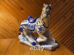 RARE Vintage Chinoiserie Blue -White 8x 10 Horse Figurine/ Hand Painted