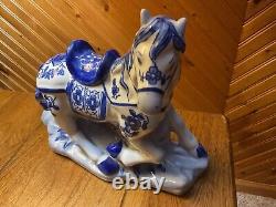 RARE Vintage Chinoiserie Blue -White 8x 10 Horse Figurine/ Hand Painted