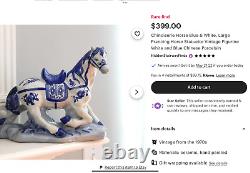 RARE Vintage Chinoiserie Blue -White 8x 10 Horse Figurine/ Hand Painted