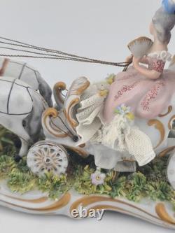 Rare Antique Capodimonte Italian Porcelain Lady Horse Carriage Lace Figurine