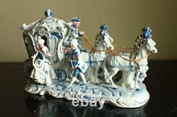 Rare Antique ancient doll Porcelain 4 horse carriage Figurine