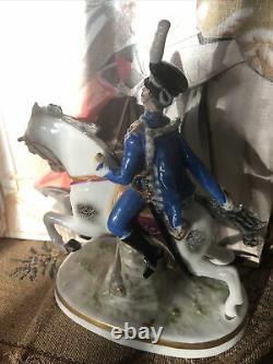 Rare Blue Hussar on horse Porcelain figurine Carl Thieme & Edme Samson marks