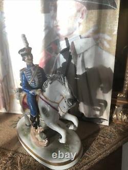 Rare Blue Hussar on horse Porcelain figurine Carl Thieme & Edme Samson marks