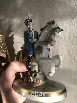 Rare Blue Hussar on horse Porcelain figurine Carl Thieme & Edme Samson marks