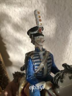 Rare Blue Hussar on horse Porcelain figurine Carl Thieme & Edme Samson marks