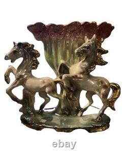 Retro Vintage Lusterware Porcelain Horse Figurine Centerpiece Lily Vase Italy