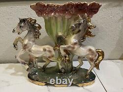 Retro Vintage Lusterware Porcelain Horse Figurine Centerpiece Lily Vase Italy