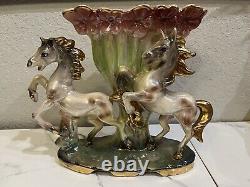 Retro Vintage Lusterware Porcelain Horse Figurine Centerpiece Lily Vase Italy