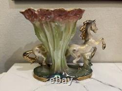 Retro Vintage Lusterware Porcelain Horse Figurine Centerpiece Lily Vase Italy