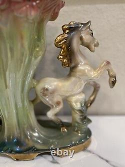 Retro Vintage Lusterware Porcelain Horse Figurine Centerpiece Lily Vase Italy