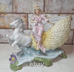 Royal Dux Bohemia Porcelain Figurine Maiden In Shell Chariot Pulled By A Horse