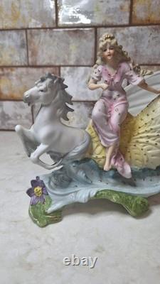 Royal Dux Bohemia Porcelain Figurine Maiden In Shell Chariot Pulled By A Horse