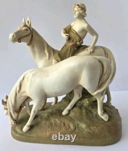 Royal Dux Bohemia Porcelain Figurine Youth With Horses Matte Bisque Art Nouveau